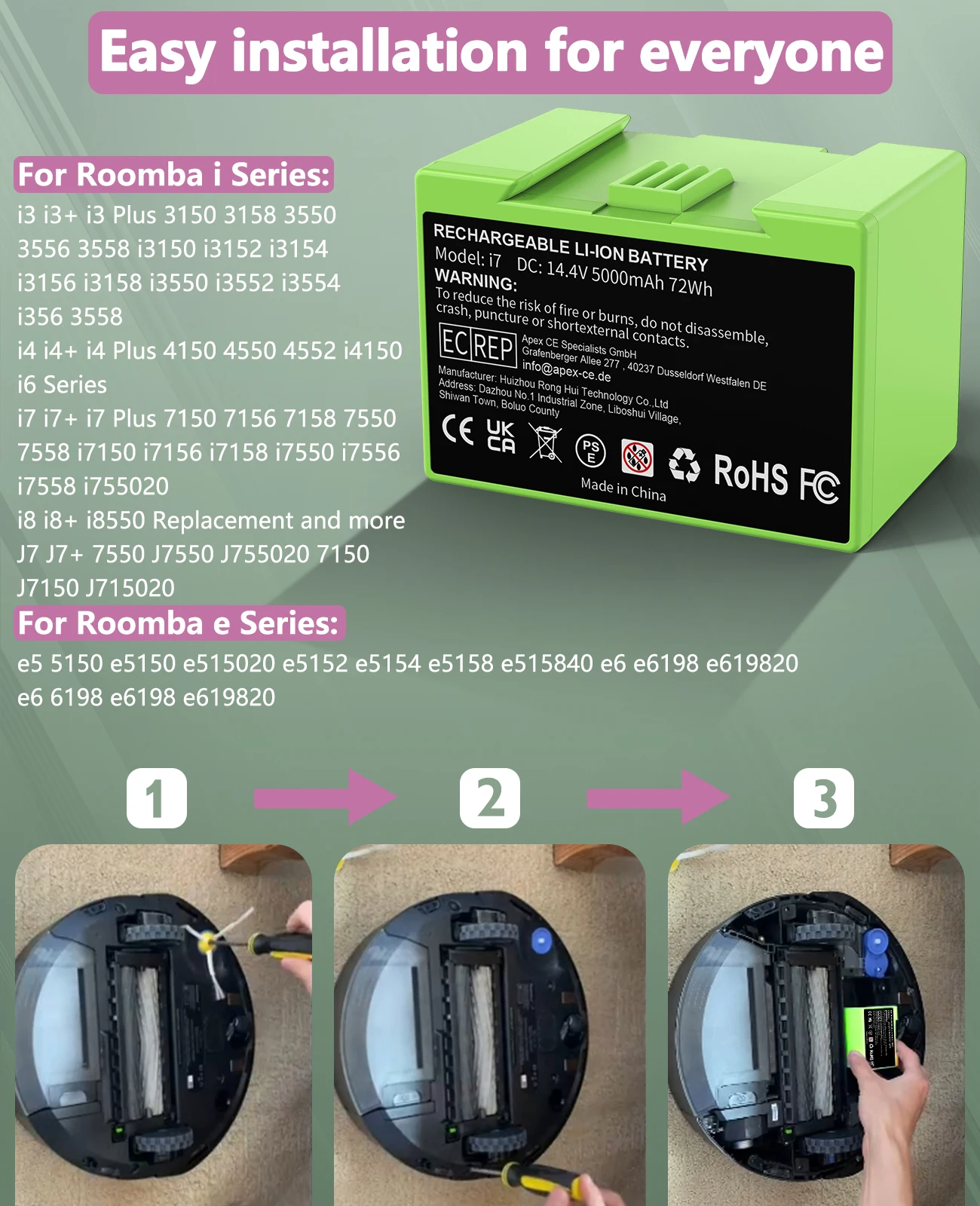 14.4V 5000mAh Replacement i7 Battery For iRobot Roomba e and i Series i7+ e5 7150 7550 i3 3150 i3+ 3550 i4 4150 i4+ 4624864