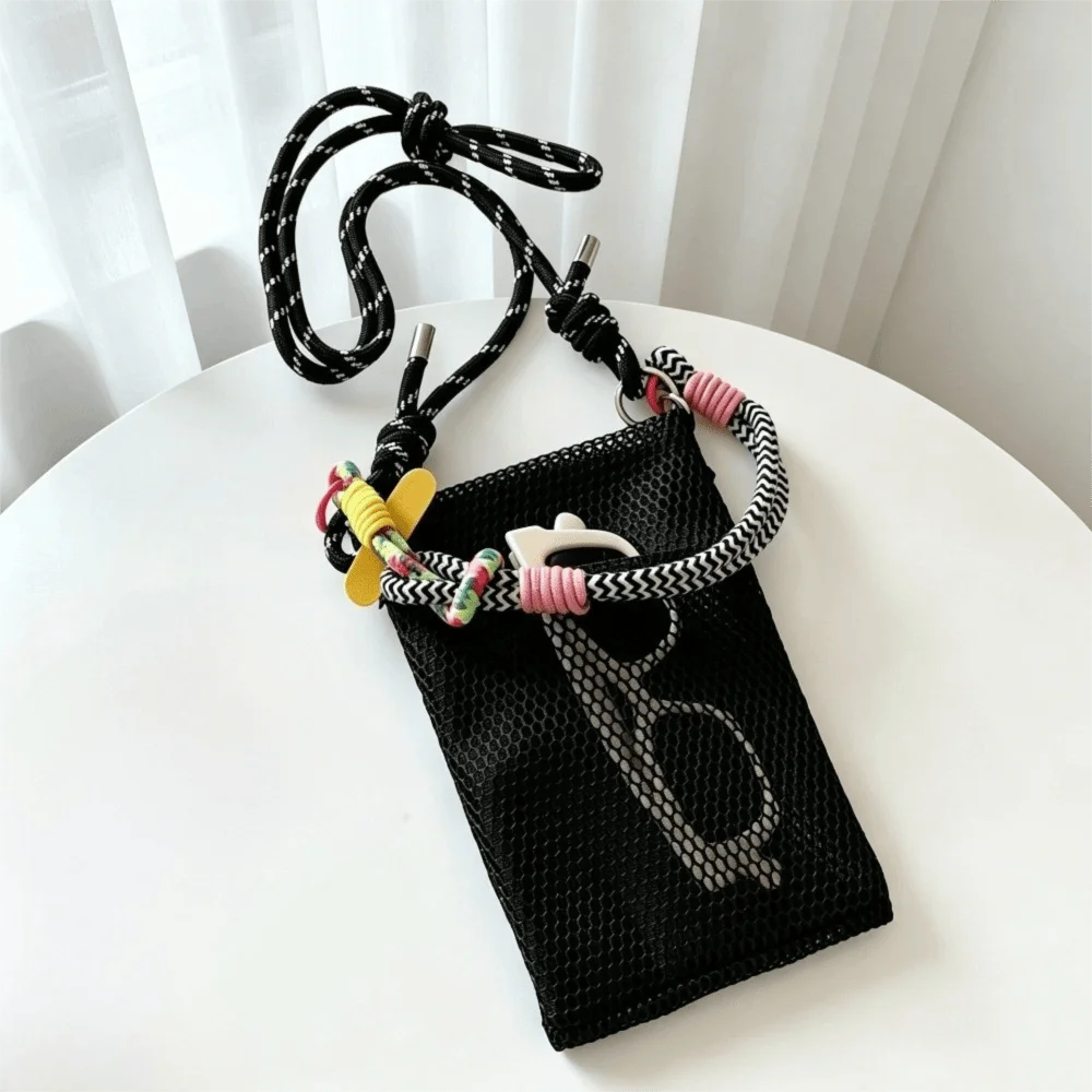 Adjustable Lanyard Mesh Phone Bag Portable Design Braided Strap Phone Crossbody Bag Lightweight Mini Purse Mobile Phone Pouch