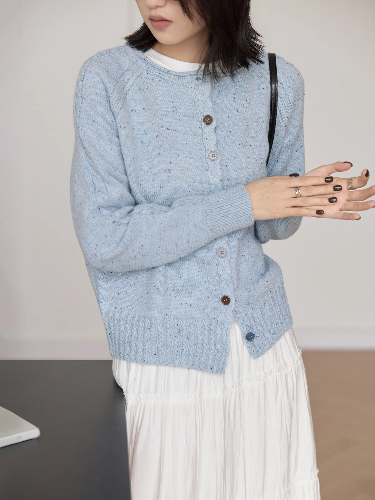 

Button round Ne Knitted Sweater ort Women's Outerwear Early Spring Blue Wool Blend Cardigan Korean Sle Knit Top