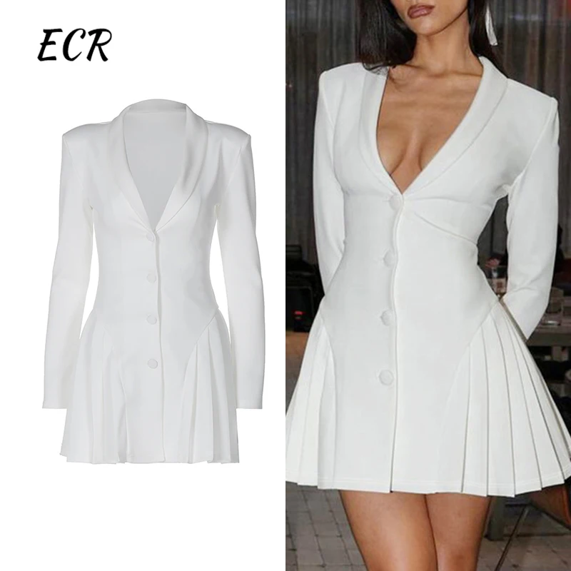 

ECR Elegant Slimming Sexy Short Dresses For Women Lapel Long Sleeve High Waist Spliced Single Breasted Dress Female Fashion New