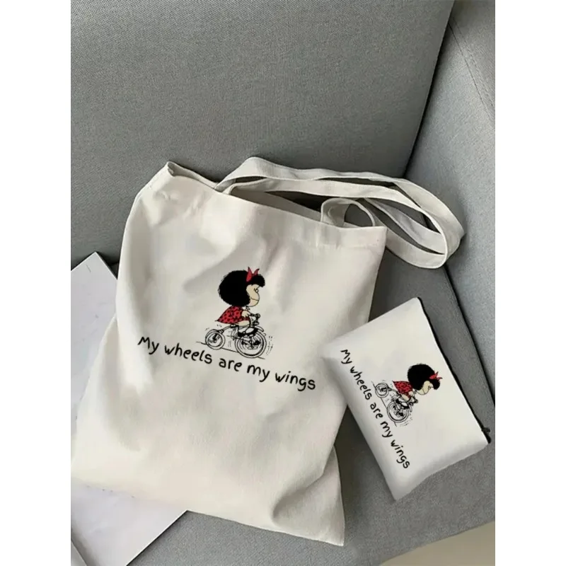 

Tote Set Women's Spacious Shoulder Bag Mafalda Cute Cartoon Kawaii with Easy Access Matching Clutch Pouch Handbags