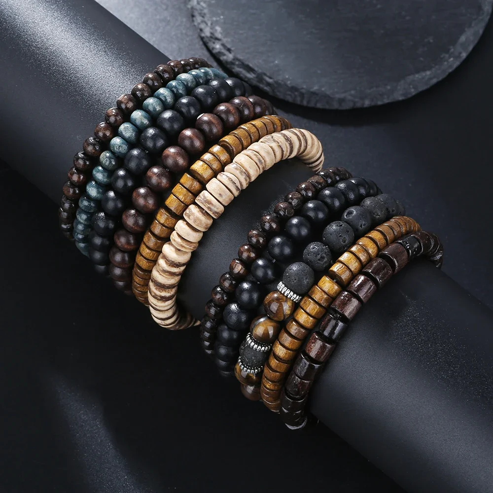 Best-selling Multi-layer Buddha Wood Bead Bracelets Sets Men\'s Retro Style Multi-layer Elastic Thread Adjustable Wooden Bracelet