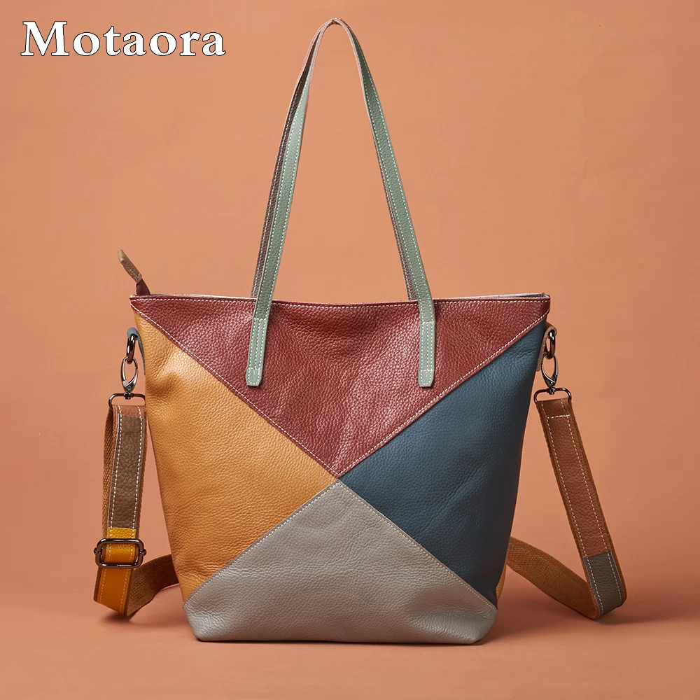

MOTAORA Genuine Cow Leather Women's Tote Bag – Retro Patchwork Laptop Shoulder Bag Large Capacity Crossbody College Handbag