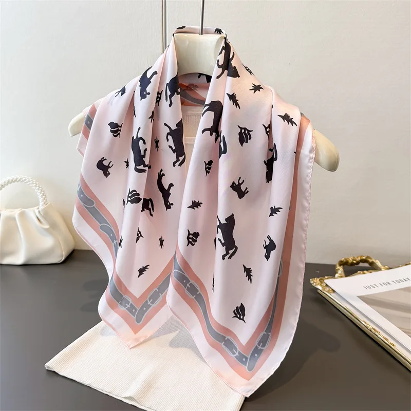 Luxury 70 fine horse small square cloth high-end decoration print imitation silk scarf shawl neck scarf neck scarf for women
