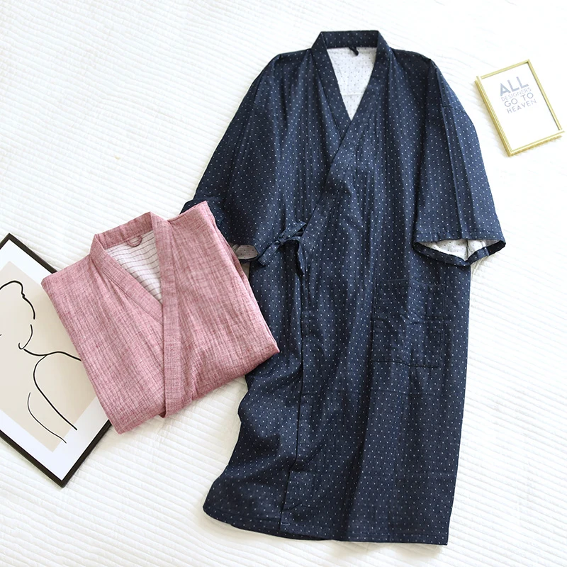 Japanese Cotton Gauze Couples Men Women With The Same Kimono Robe Sleep Skirt Spring And Autumn Loose lace-up Yukata Sweat Suit