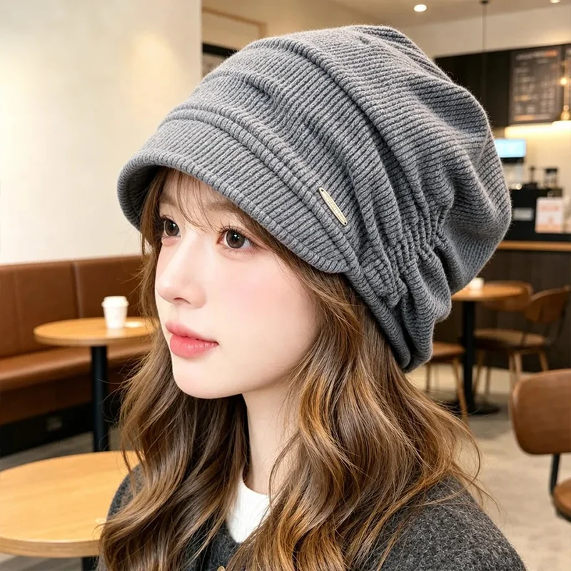 Women Winter Slouchy Knit Hat With Brim Soft Warm Peaked Beanie Cap Adjustable Casual Daily Headwear For Ladies