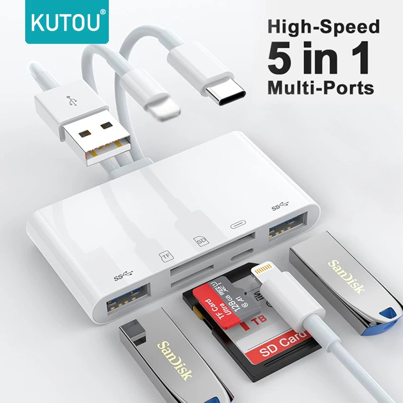 KUTOU Adapter USB OTG 5 w 1 do czytnika kart pamięci SD TF z portem ładowania do iPhone iPad Xiaomi Samsung Huawei MacBook