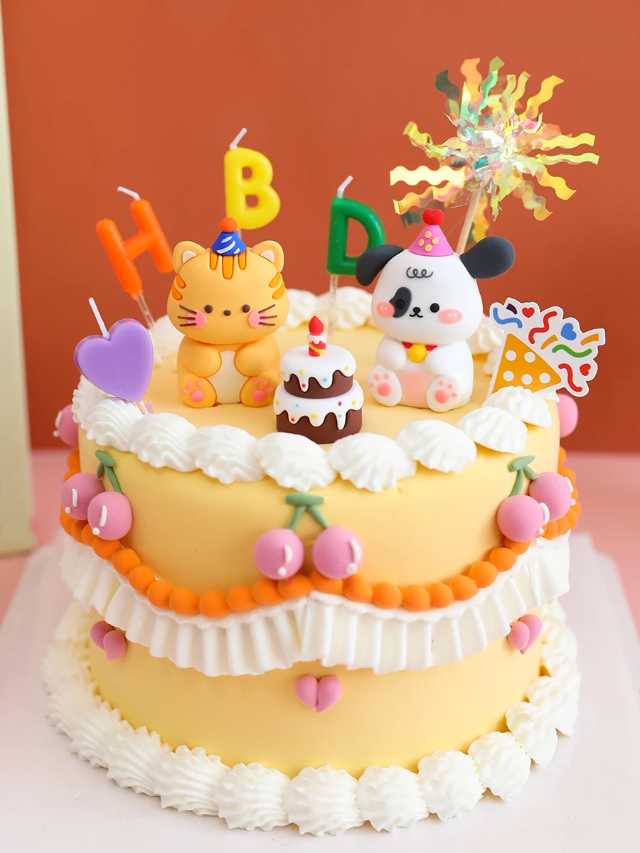 Kids Birthday Cake Topper Home Ornament Cartoon Cake Decoration Happy Birthday Party Kitten Puppy Bear Bunny Soft Rubber Doll