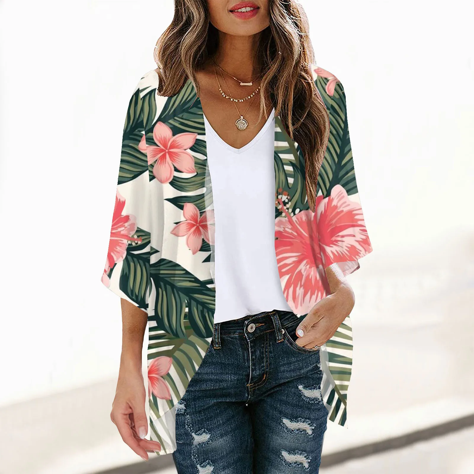 

New Summer Womens Boho Floral Printed Short Sleeve Chiffon Kimono Cardigan Loose Cover Up Casual Blouse Tops Plus Size Women