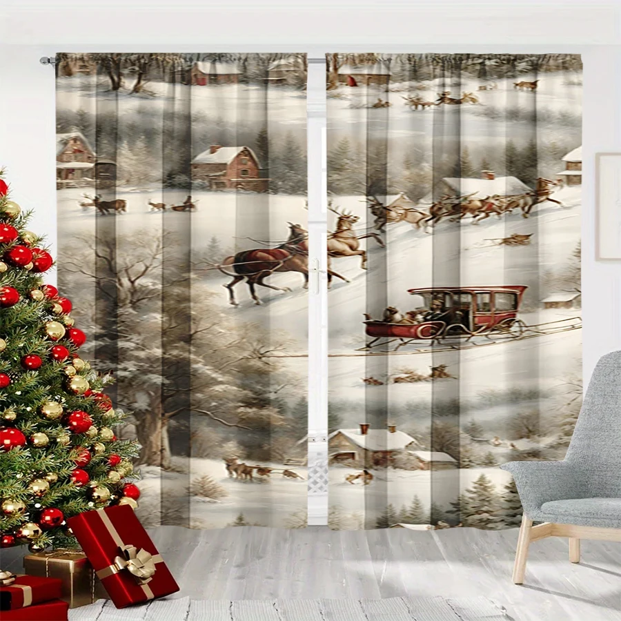 2PCS Digital Print Curtain, Vintage Winter Scene with Horse Drawn Sleigh and Snowy Village, Nostalgic Art, for Window Home Decor