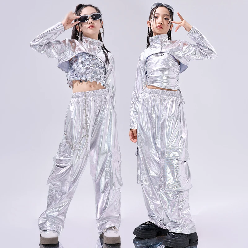 

Hip Hop Clothes For Girls Silver Suit Sequin Crop Tops Pants Jazz Dance Performance Costume Stage Competition Clothing BL13718
