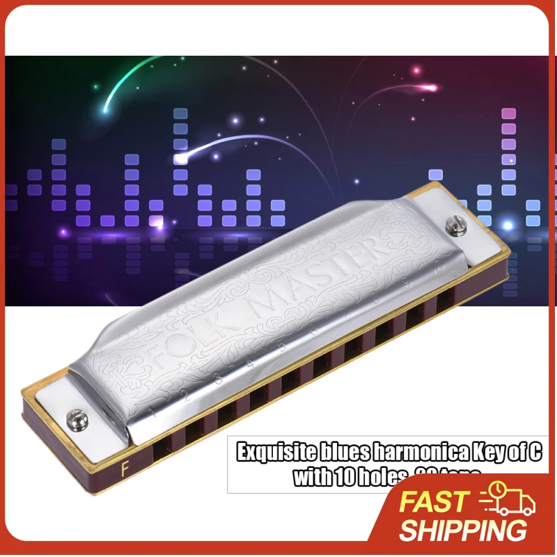 SUZUKI Folkmaster Blues Harmonica Standard Key of C A B E F G Key 10-Hole 20 Tones Diatonic Blues Gaita Harmonica for Beginner