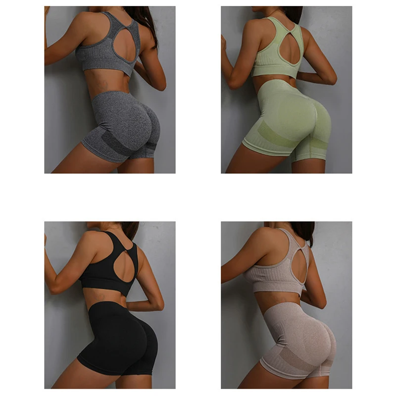 2pcs Yoga Sets Womens Outfits Peach Hip Lifting Suit Neck Hanging Sports Bra Shockproof Quick Drying Shorts Set Female Tracksuit image 5