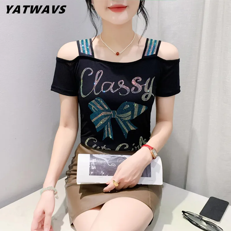 

High Quality Women Sexy Off Shoulder Short Sleeve T-shirt Chic Bow Letter Luxury Diamonds Tops Summer Streetwear Girl Slim Tees