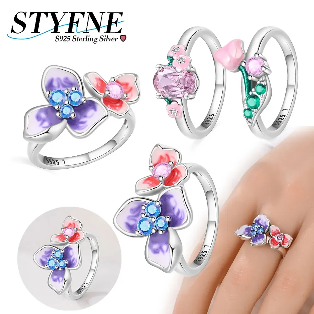 925 Sterling Silver Enamel Pink Flower Series Tulip Original Ring 6-9 Size Temperament for Women Fine Jewelry Party Gift