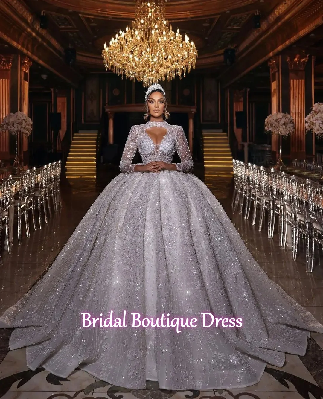 تخصيص أناقة جديدة الكرة ثوب بلا أكمام فستان الزفاف الخامس الرقبة الترتر يزين الزهور قبالة الكتف زي العرائس Vestina De