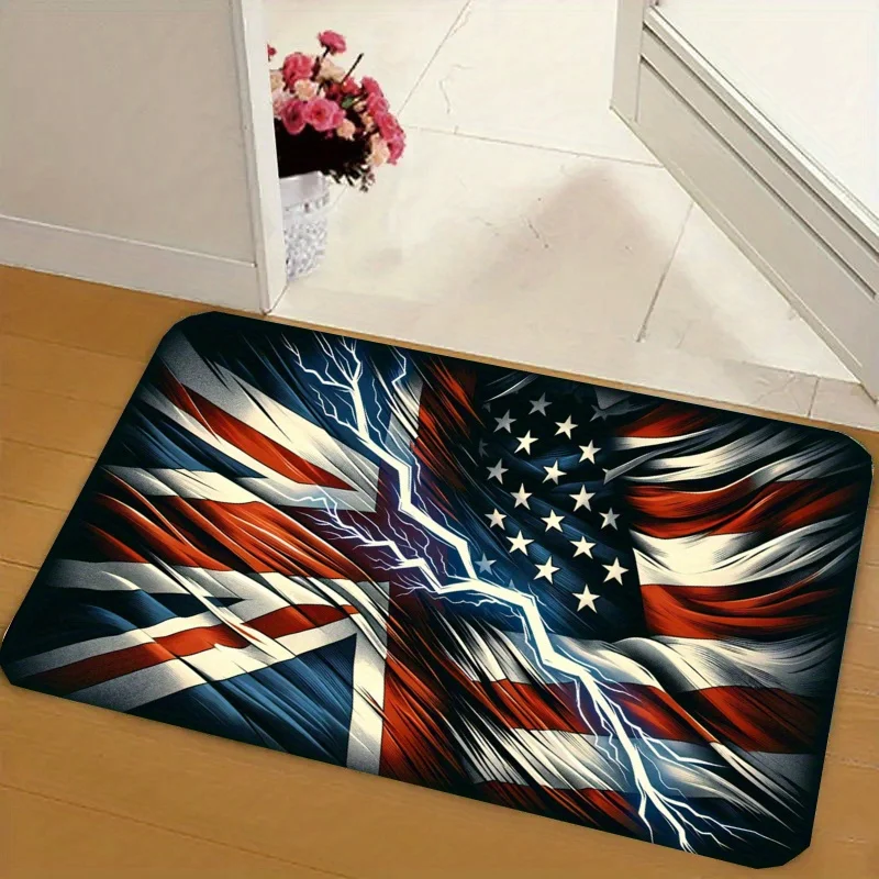 

1 шт. Бутиковый коврик в стиле бохо с 3D-принтом Юнион Джек и американским флагом - утолщенный фланелевой входной коврик для стирки