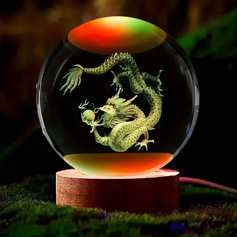 1pc 3D Carved Chinese Dragon Crystal Ball with Wooden Frame, Home Office Decoration, Birthday, Mother's Day, New Year Gifts