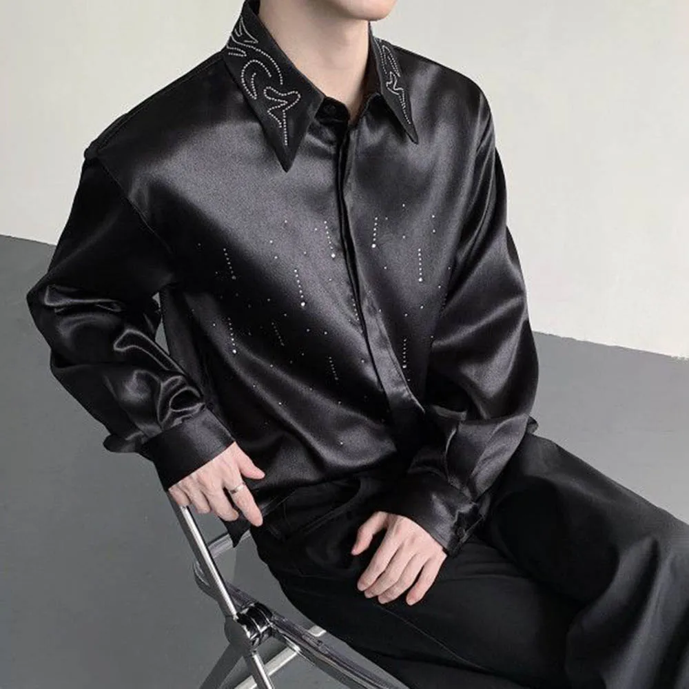 Autumn Men's Rhinestone Long-Sleeved Shirt Korean Retro Fashion Trend Street Loose Casual Breathable Niche Men's New Tops