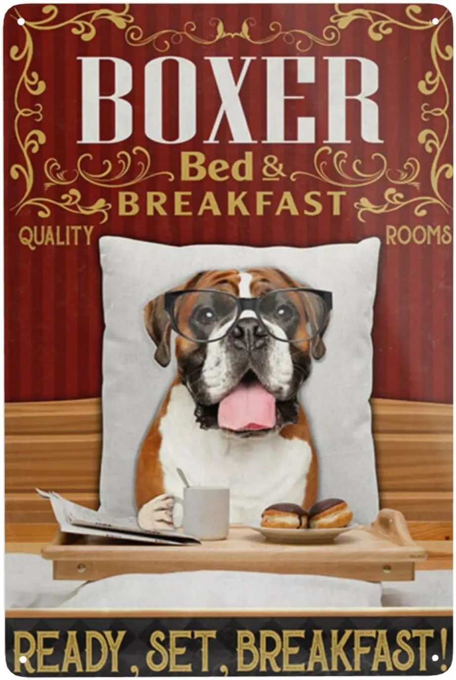 – panneau en étain drôle, Vintage, Boxer, chien, lit et petit déjeuner, ensemble prêt, petit déjeuner, maison, cuisine, Bar, ferme, Ranch, café