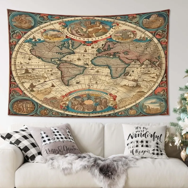 Винтажный гобелен с картой мира, настенный настенный художественный домашний декор, настенный большой гобелен для спальни, общежития, подарки на годовщину Винтажный гобелен с картой мира, настенный настенный художественный домашний декор, настенный большой гобелен для спальни, общежития, подарки на годовщину