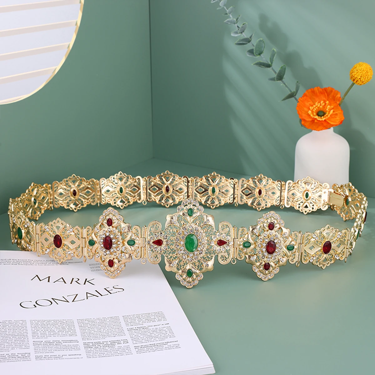 New Fashion Moroccan Inlaid Rhinestone Pattern Design Waist Chain Algerian Adjustable Body Chain Bridal Wedding Dress Metal Belt