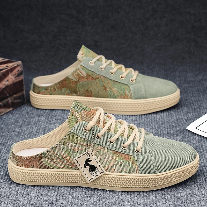 

Men's Canvas Slip-On Shoes Breathable Summer Casual Driving Soft Bottom Half Slippers Trendy Korean Style Low Cut Rubber Sole