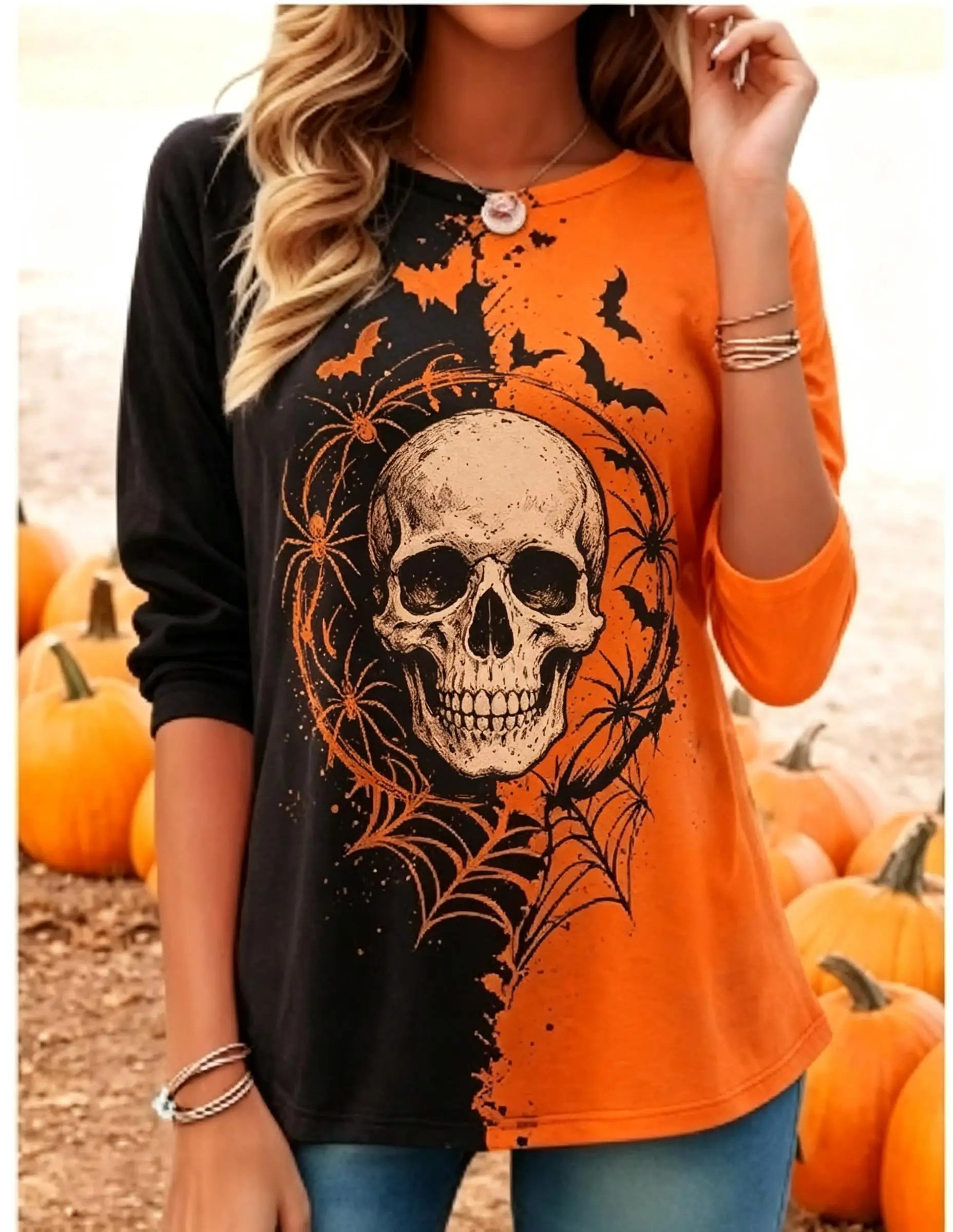 Artistic Retro Hand-Drawn of Fish Print Long Sleeve T-Shirt Round Neck Fresh Individual Top Casual Shopping Outing Wear