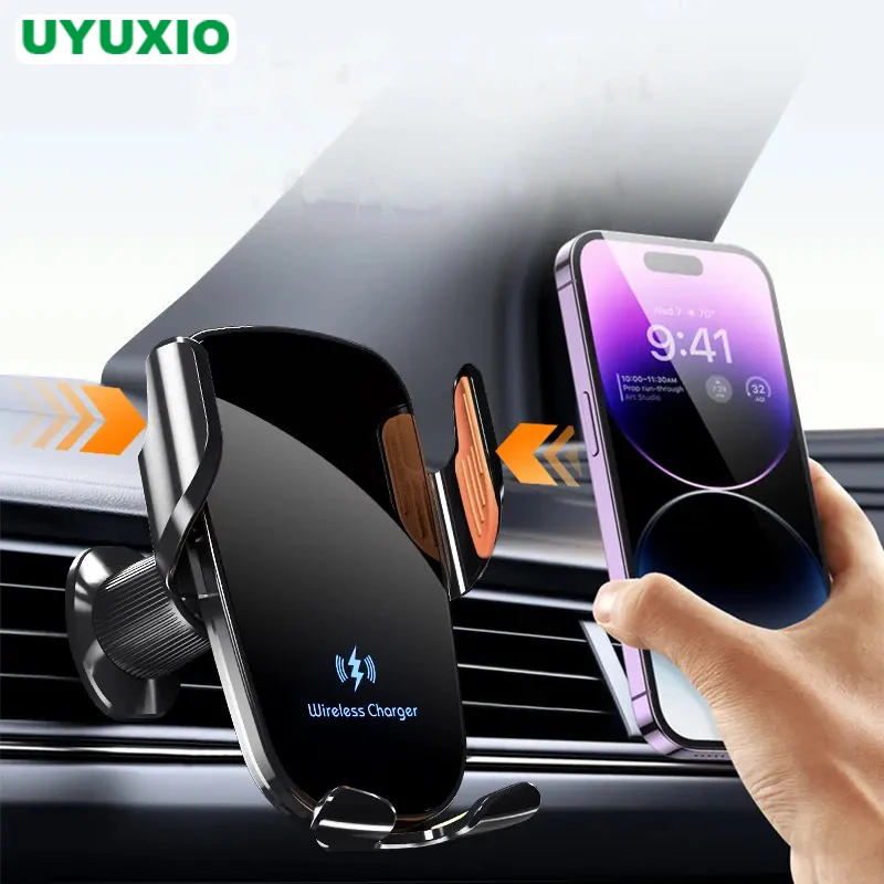 UYUXIO محول شاحن سيارة لاسلكي 15 واط شحن سريع دليل المشبك سنادات بالسيارة حامل هاتف تنفيس الهواء لسامسونج آيفون 16 15 14