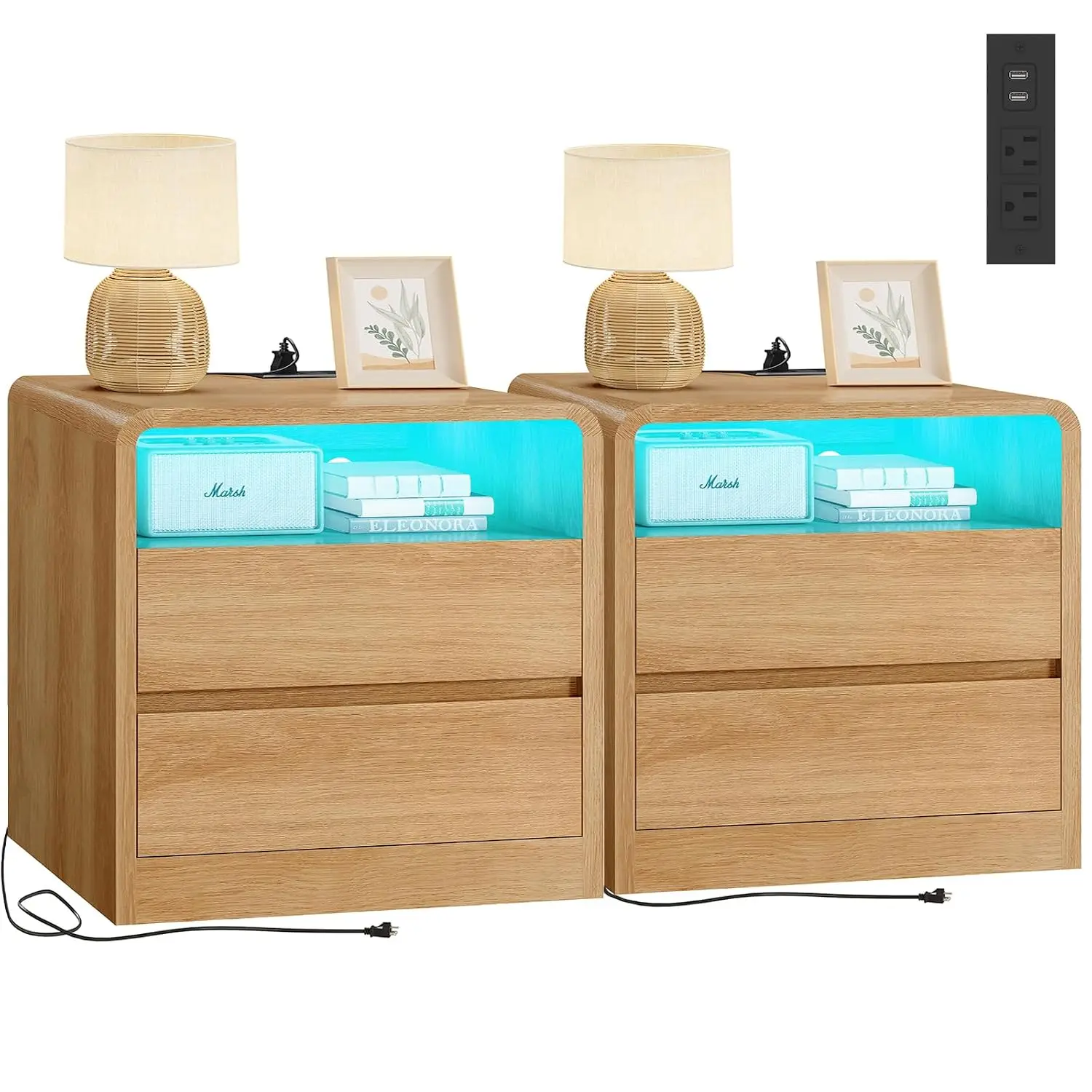 Nightstand Set of 2 with Charging Station & LED Light, Curved Bedside Table 21.7