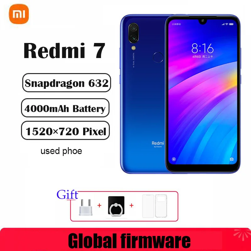 Global Firmware Xiaomi Redmi 7 smartphone  Dual SIM Solt 1520×720pixel 4000mAh Snapdragon 632 Dual Camera used phone