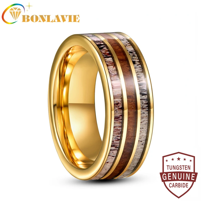 

BONLAVIE 8mm Tungsten Carbide Ring Gold Color Inlaid Deer Antler Wood Grain Steel Ring Men's Fashion Wedding Gift Size 7-12