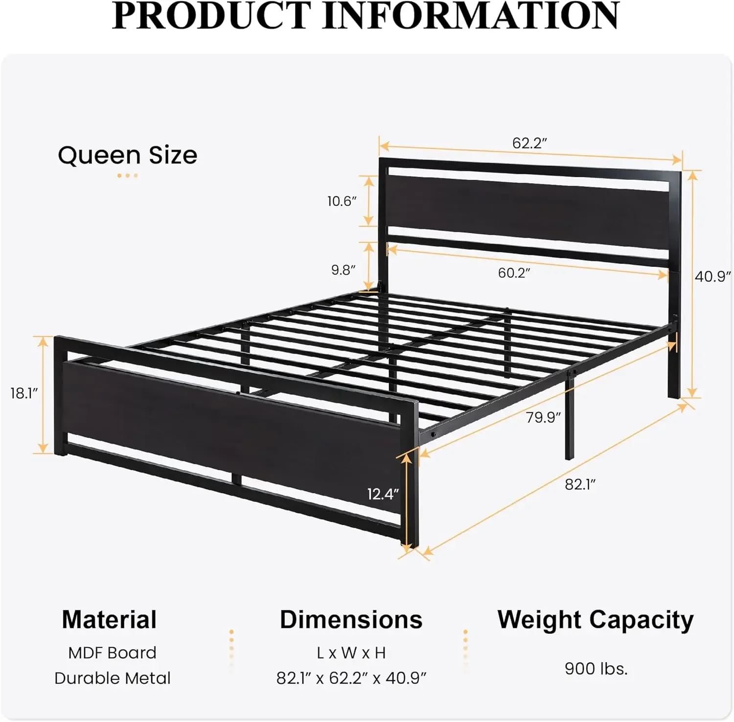 SHA CERLIN Queen Size Bed Frame with Modern Wooden Headboard/Heavy Duty Platform Metal Bed Frame with Square Frame Footb