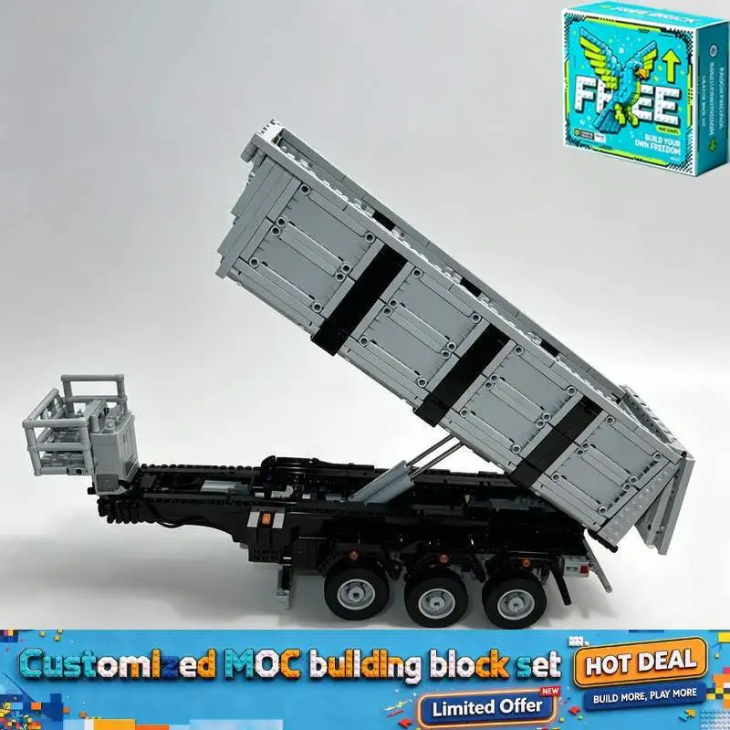 1964PCS Grey Three Axle Tipper Semi Trailer MOC Building Blocks Model Transport Creative DIY Assembly Gift for Boys Birthday