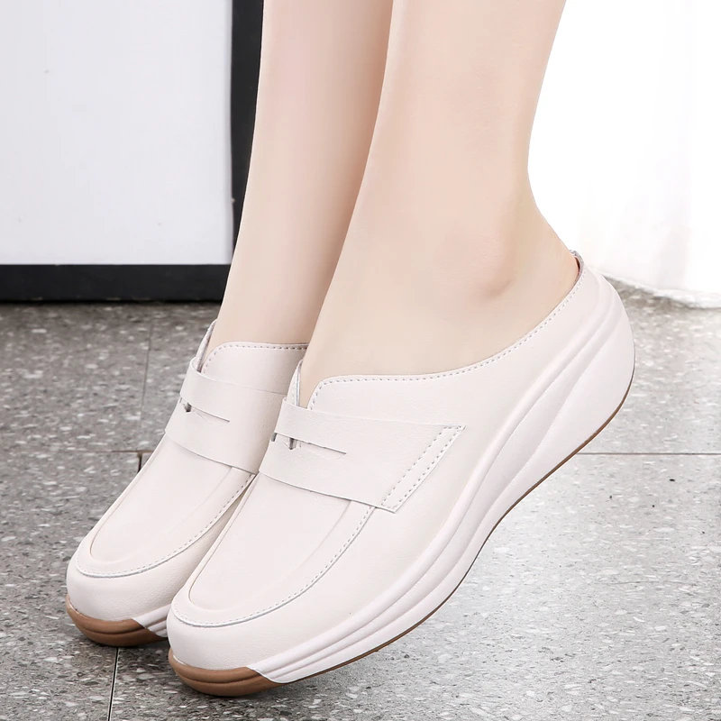 STRONGSHEN Summer Women Half Slippers Shoes Slip On Breathable Leather Shoes Woman Slides Outside Slippers Platform Wedges Shoes