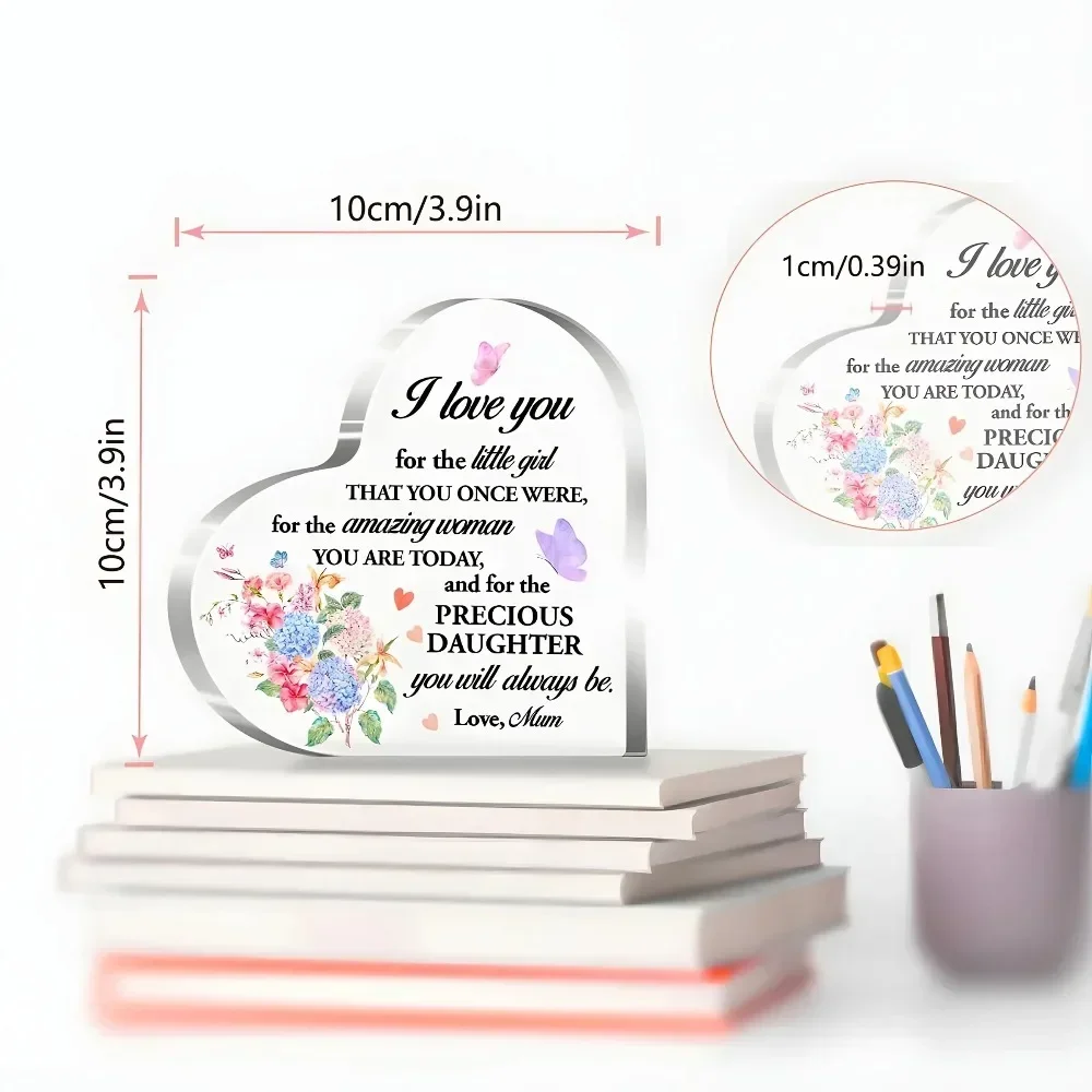 Mum To Daughter Sentimental Acrylic Heart Ornament Keepsake Birthday Gift,Watercolor Hydrangea Flower Acrylic Heart Table Decor for Precious Daughter