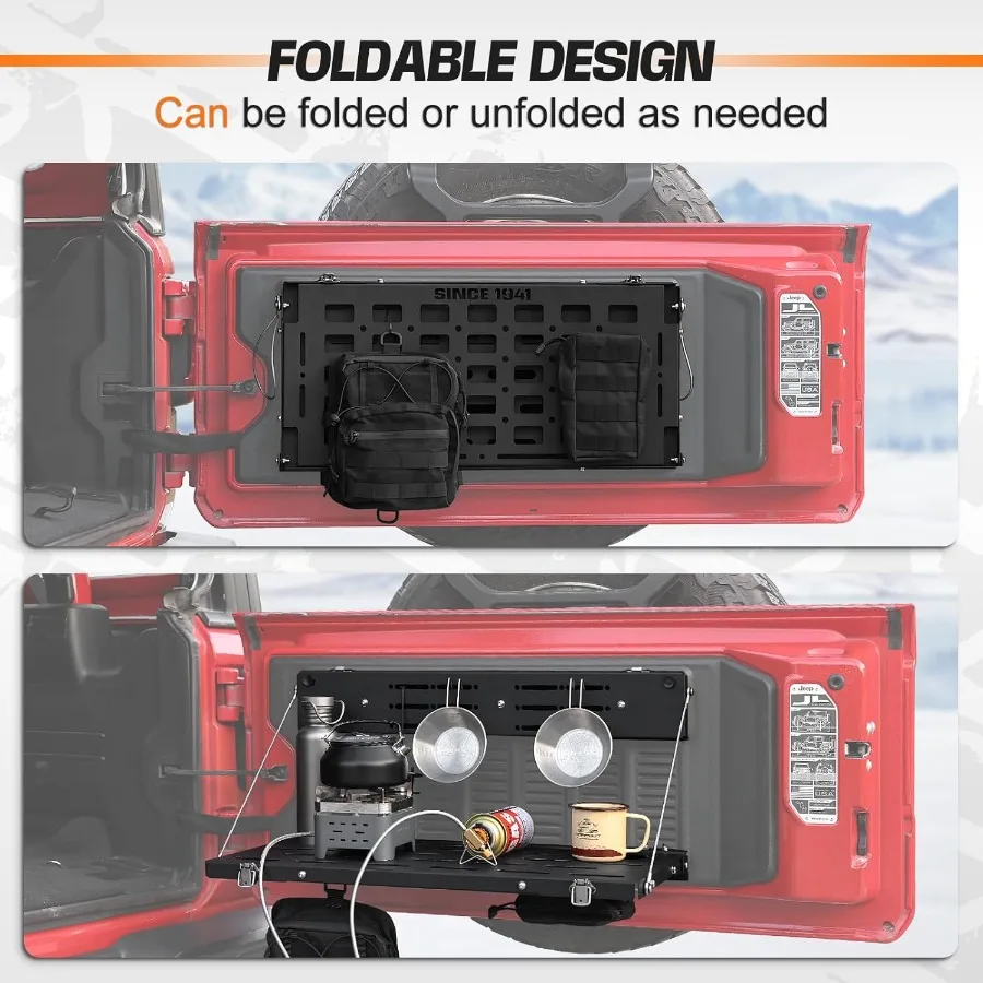 Rear Door Foldable Storage Cargo Rack Tailgate Table Compatible with 20182024 Jeep Wrangler JL JLU 24 Door HeavyDuty SingleLaye