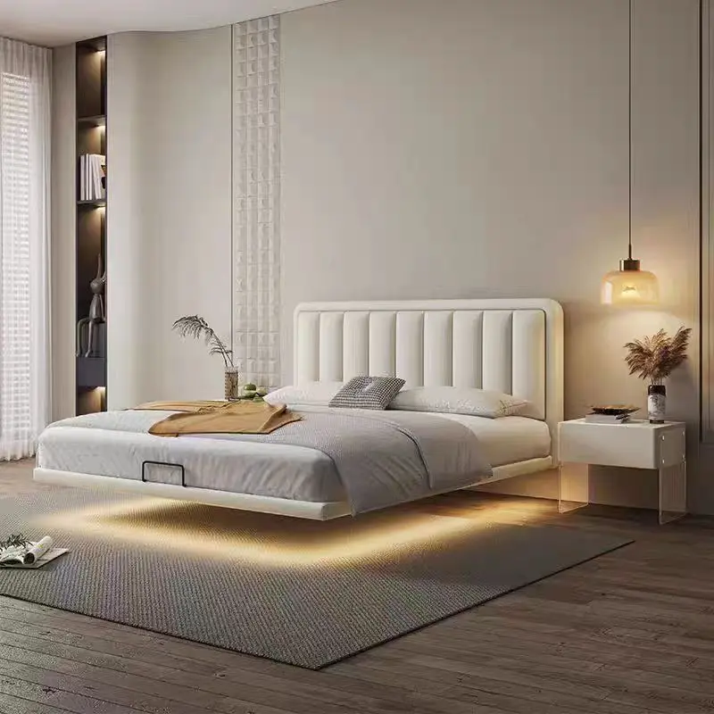 Solid wood, suspended bed, modern, simple, master bedroom, large bed, light luxury, double