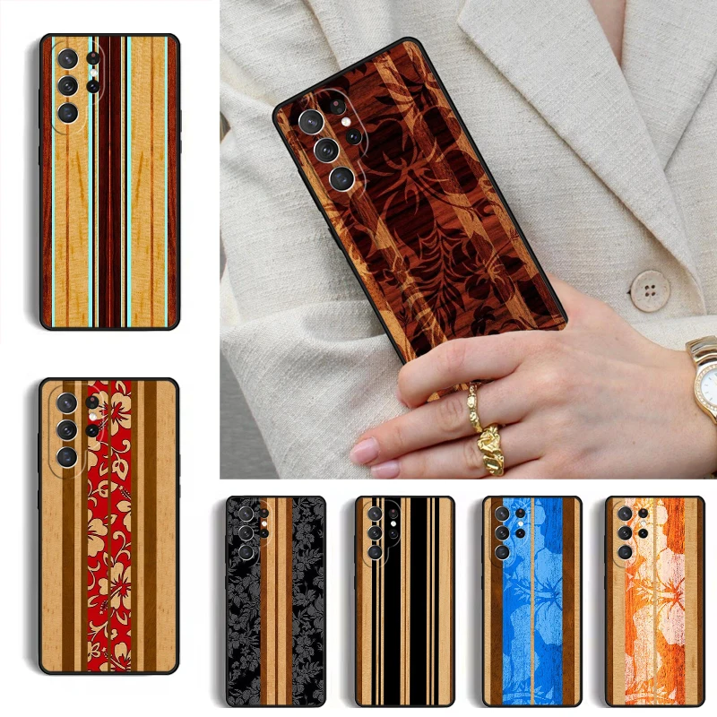Hawaiian Faux Wood Surfboard Phone Case for Samsung Galaxy S26 S25 Ultra S24 S23 S22 S21 Plus Note 10 Bumper Cover