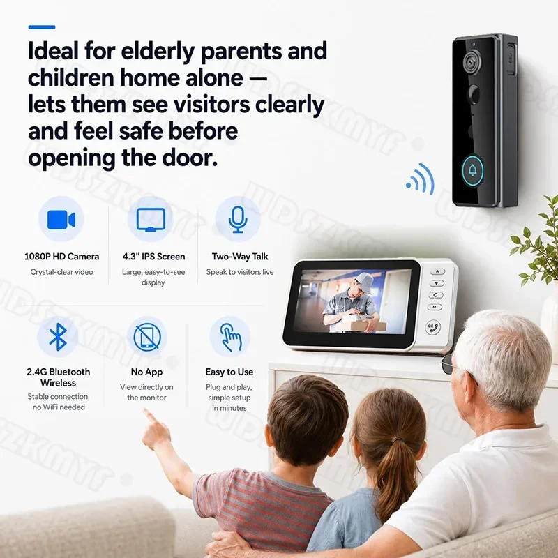 4.3 Inch IPS Video Monitoring Doorbell Waterproof 4000mAh PIR motion sensor Two-way intercom Video Doorbell Camera For Home Gift