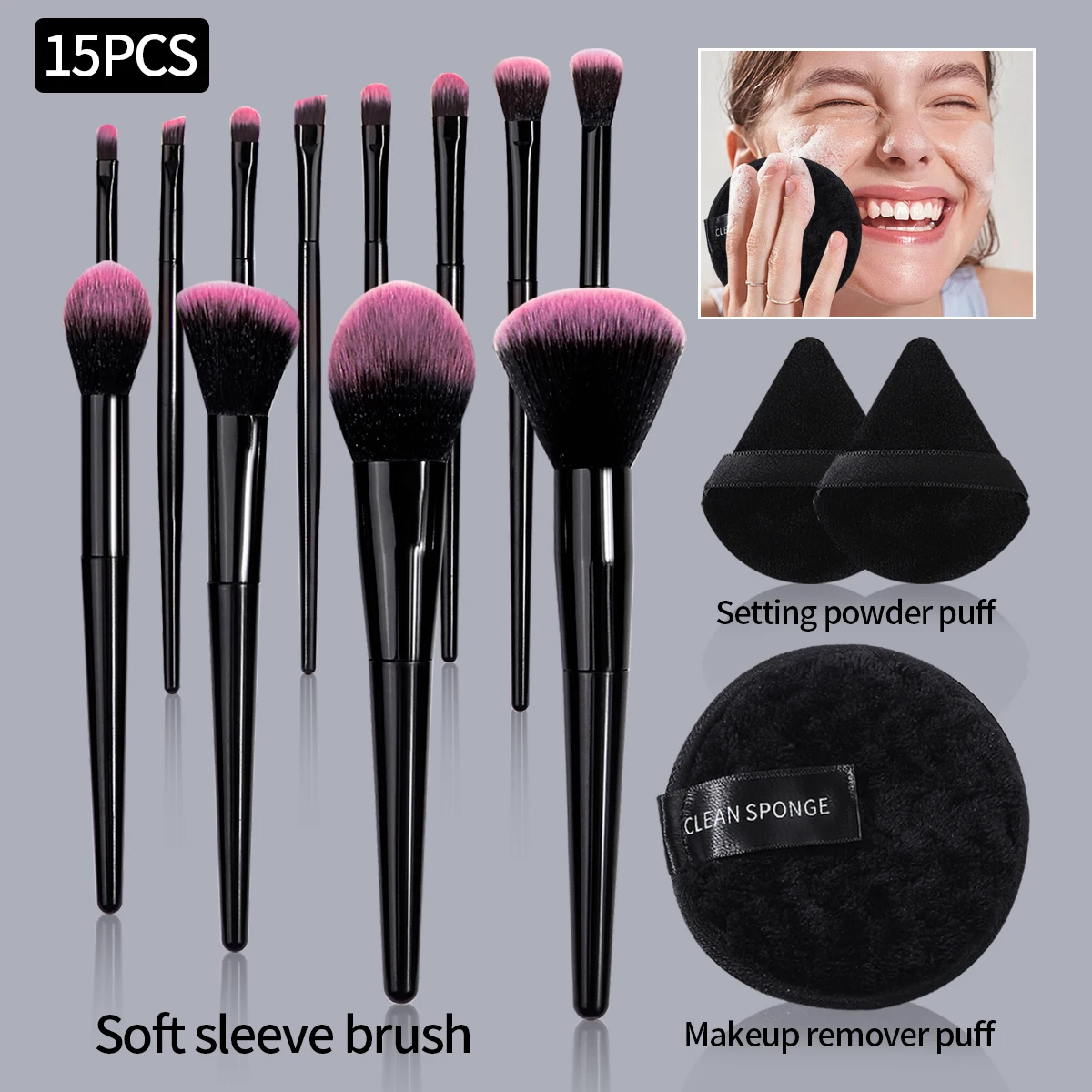 15 個のソフトファイバー毛多機能メイクブラシセット & 乾湿両用の三角形/丸型パウダーパフ美容ツール