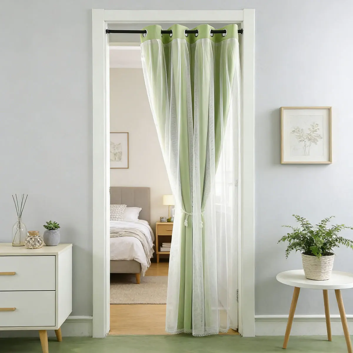 Green Double‑Layer Grommet Door Curtain 1pc, Sheer Overlay Doorway Drapes, Fresh Style Privacy Divider for Home Entrance