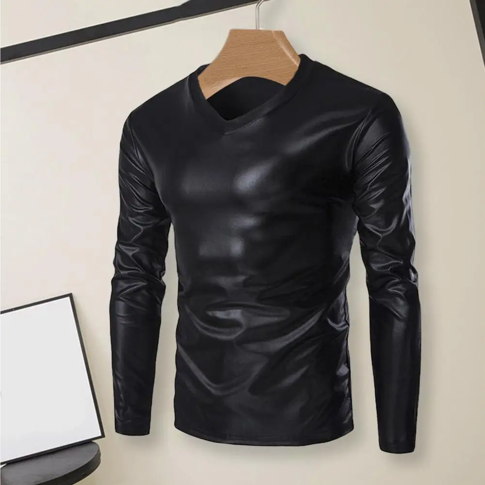 Men Bronzing Top Thin Summer Bronzing Gloss Men T-shirt Shiny Slim Fit V Neck Long Sleeve Men Blouse Party Stage Proms T-shirt