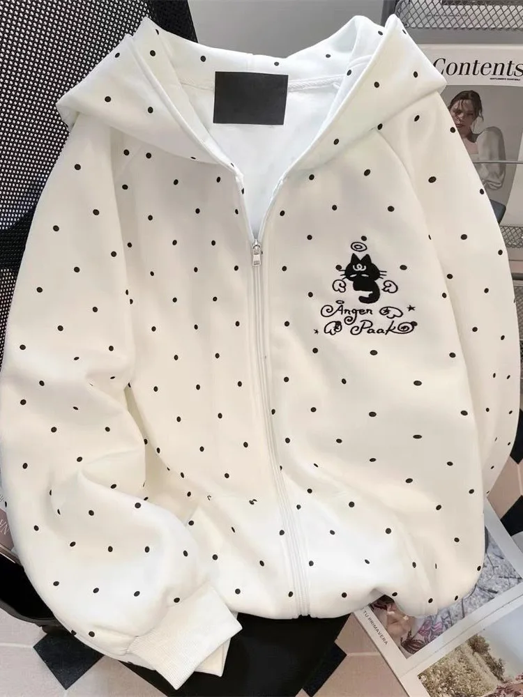 

Женские белые толстовки в горошек с героями мультфильмов, весенние милые толстовки в стиле ретро с длинными рукавами, осень, японский консервативный стиль, кавайные женские универсальные топы