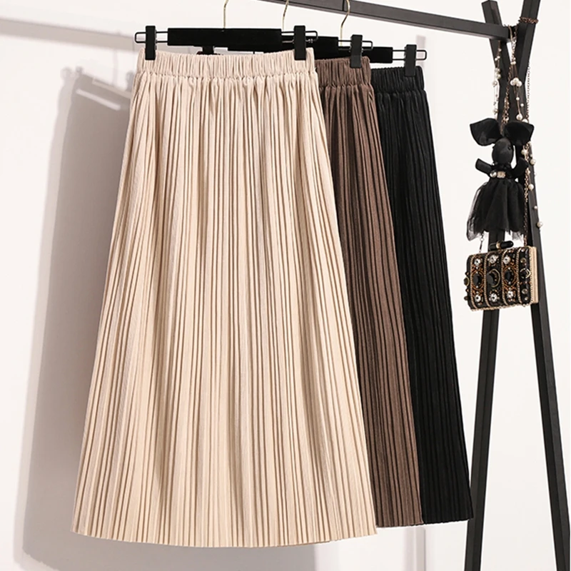 

Autumn/Winter Straight Pleated Skirt Women Casual Loose Elastic High Waist Split Party Midi Long Skirt