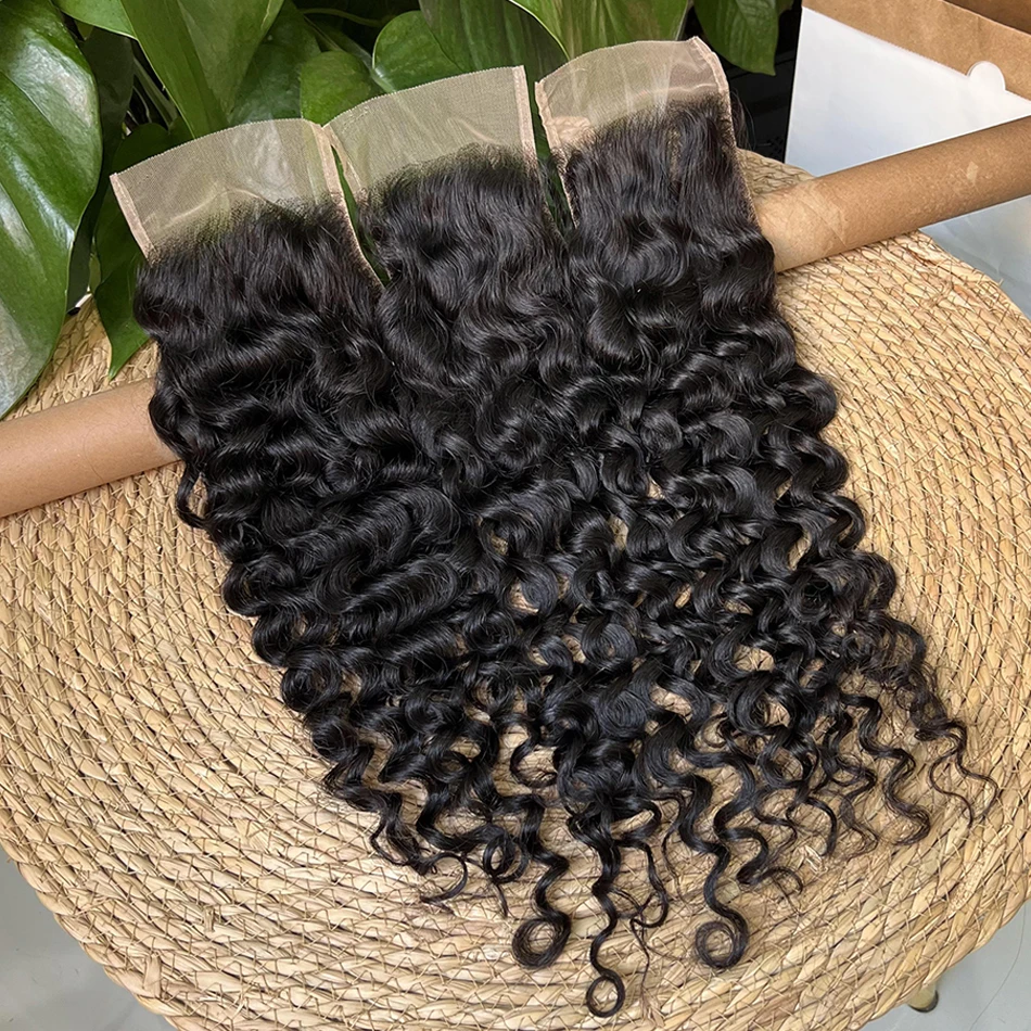 4x6 Transparent Lace Closure Water Wave Human Hair #1B Natural Black Color Deep Parting Melt Skin Invisible Lace Raw Virgin Hair