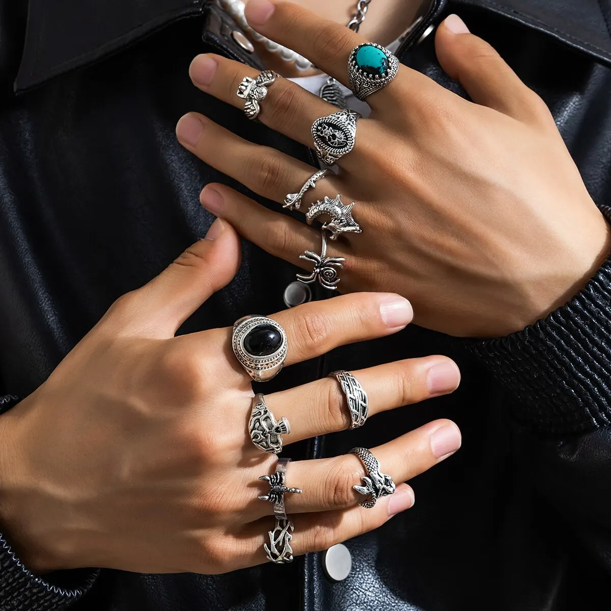 11Pcs/Set Gothic Punk Winged Spider Devil Eye Rings Male Vintage Skeleton Finger Ring Halloween Christmas Jewelry Steampunk Men