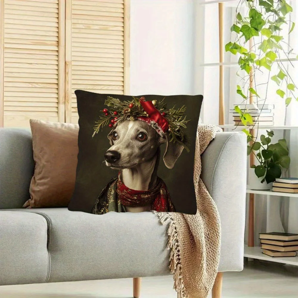 1pc Whippet Dog Pillow Cover, Polyester 2D Double-Sided Print, Festive Wreath Dog Portrait, Pet Lover Holiday Decor Gift