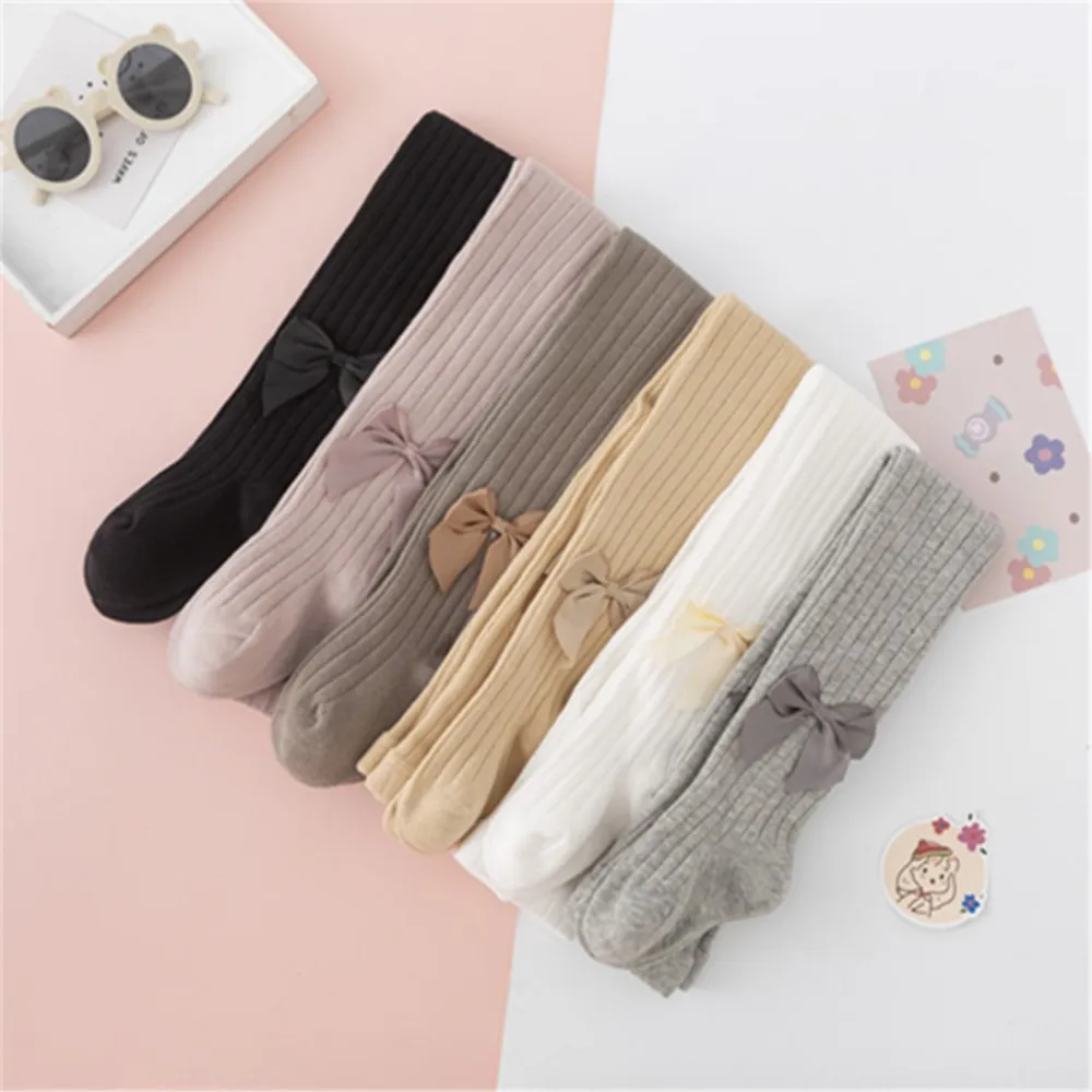 

New Infant Girls autumn thin combed cotton children pantyhose solid color bowknot Stripe pants Warmer Baby Kids Knitted leggings
