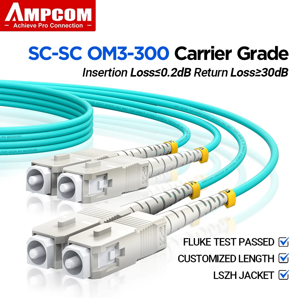 AMPCOM SC - SC UPC OM3 광섬유 패치 케이블 다중 모드 이중, 50/125μm, OD 2.0mm/3.0mm, LSZH OFNR, 1-100 미터